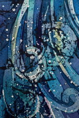 Waves, curly, turquoise, hot batik, background texture, handmade on silk, abstract surrealism art