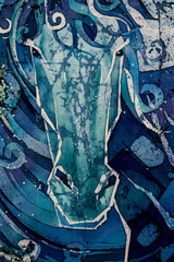 Horse head, curly, turquoise, hot batik, background texture, handmade on silk, abstract surrealism art
