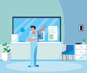 male medicine worker with uniform in hospital reception