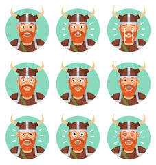 Set of viking emoticons. Viking avatars showing different emotions. Happy, sad, angry, think, cry, in love, laugh and other facial expressions. Flat style vector illustration