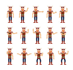 Big set of viking characters showing different hand gestures. Cheerful viking showing thumb up, pointing, greeting, victory sign, stop and other hand gestures. Simple vector illustration