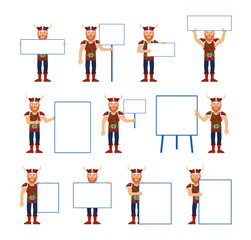 Big set of viking characters posing with different blank banners. Cheerful viking holding paper, poster, placard, pointing to whiteboard. Teach, advertise, promote. Simple vector illustration