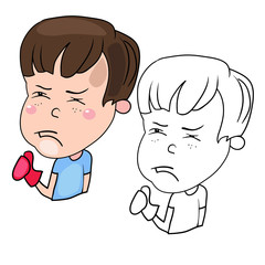 Funny cartoon characters of boys, expression of emotions and mood, portrait, children's book for painting, vector illustration