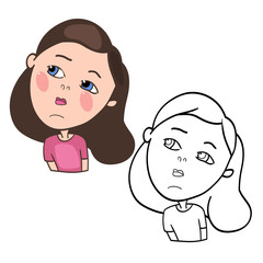 Funny cartoon characters of girls, expression of emotions and mood, portrait, children's book for painting, vector illustration