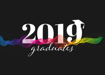 Congratulations graduates class of 2019. Creative party invitation, banner, poster, card. Background design with typography and colorful trendy waves.