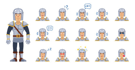 Big set of knight emoticons. Medieval knight avatars showing different facial expressions. Happy, sad, smile, laugh, cry, surprised, serious, sleepy and other emotions. Simple vector illustration