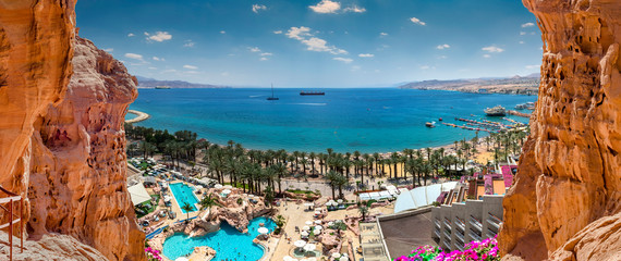 Aerial view on central public beach and promenade in Eilat, Israel