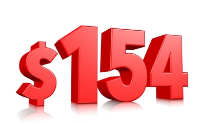 154$ One hundred fifty four price symbol. red text number 3d render with dollar sign on white background
