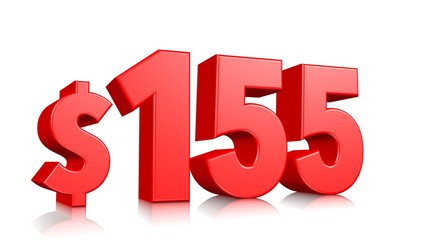 155$ One hundred fifty five price symbol. red text number 3d render with dollar sign on white background