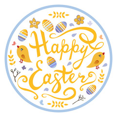 Happy easter card with eggs, birds, herbs in white cicle