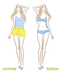 Fashion sketch, summer beachwear.