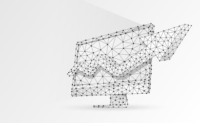 Computer monitor with arrow up symbol. Device, growth, success, display concept. Abstract, digital, wireframe, low poly mesh, vector white origami 3d illustration. Triangle, line, dot, star