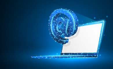 Internet AT symbol on white notebook screen. Devices, email, connection, communication concept. Abstract, digital, wireframe, low poly mesh, vector blue neon 3d illustration. Triangle, line, dot, star