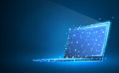 Laptop, notebook composed of polygons. Internet, devices, computer symbol. Abstract, digital, wireframe, low poly mesh, vector blue neon 3d illustration. Triangles, lines, dots, stars