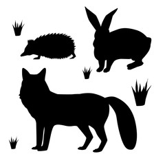 Vector silhouette of rabbit, fox, hedgehog