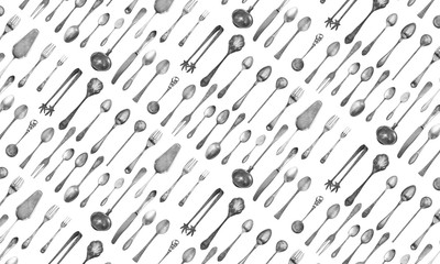 Seamless background vintage cutlery. Black and white. Retro silverware