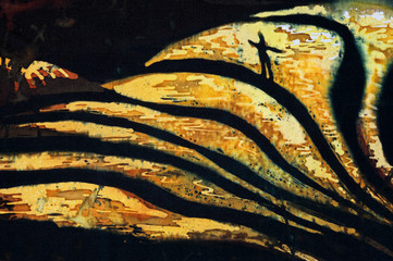 Man on rice terraces, fragment, hot batik, background texture, handmade on silk, abstract...