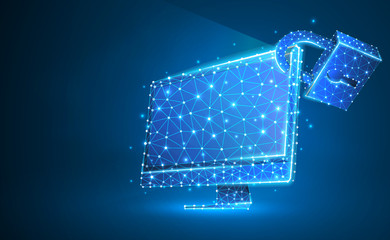 Computer monitor with security lock symbol. Devices protection, password, privacy concept. Abstract, digital, wireframe, low poly mesh, raster blue neon 3d illustration. Triangle, line, dot