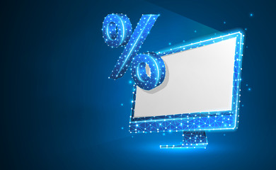Computer monitor, percent symbol on White screen. Devices, calculation, discount, concept. Abstract, digital, wireframe, low poly mesh, raster blue neon 3d illustration. Triangles, lines, dots, stars