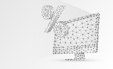 Computer monitor, percent symbol. Devices, calculation, discount, concept. Abstract, digital, wireframe, low poly mesh, raster white origami 3d illustration. Triangles, lines, dots, stars