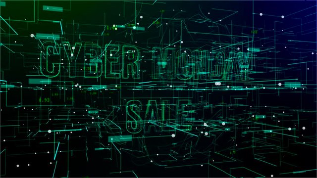 Animation of rotating digital space with 'Cyber Monday Sale' text. Green and blue gradient background