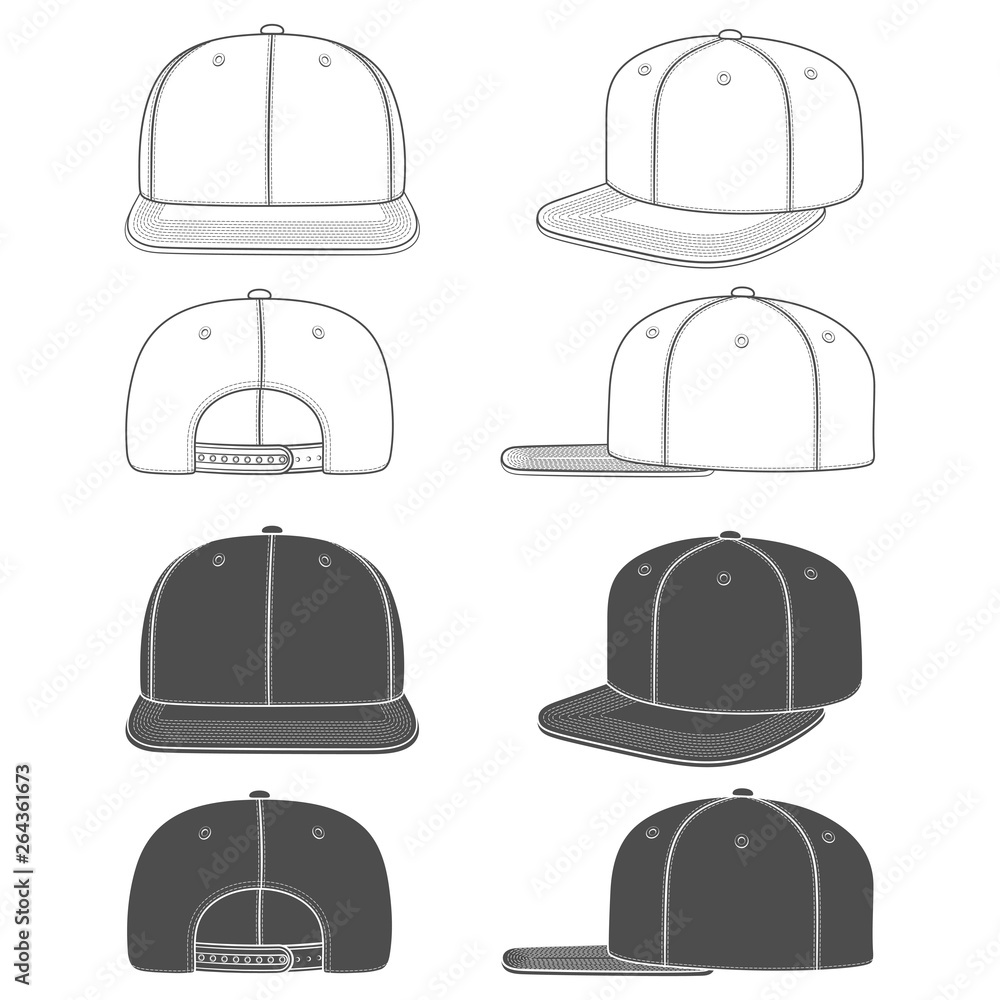 Poster set of black and white images of a rapper cap with a flat visor, snapback. isolated objects on white
