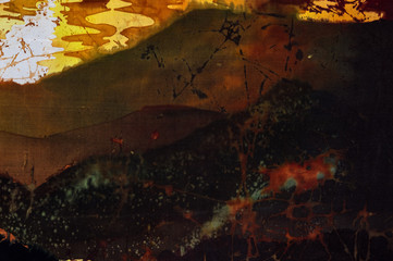 Lava in mountains, fragment, hot batik, background texture, handmade on silk, abstract surrealism art