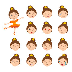 Set of ballerina facial expressions in cartoon style with different emotions isolated on white background