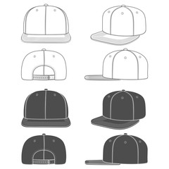 Set of black and white images of a rapper cap with a flat visor, snapback. Isolated objects on white background. - 264361673