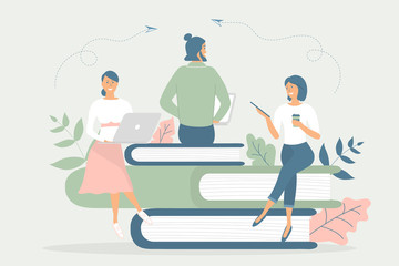 Business concept,team metaphor:people sit on books and work on notebooks and tablets,have a cup of coffee.Vector illustration flat design style.Symbol of teamwork, cooperation, partnership,coworking