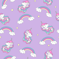 Fashion illustration drawing in modern style for clothes. Pattern with unicorn and rainbow. Trendy seamless vector pattern on a lilac background.