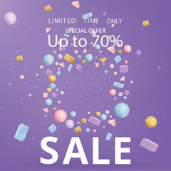 Sale  banner template, 3d figures realistic vector primitives composition