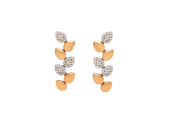 Pair of golden diamond earrings isolated on white background. Golden earrings with diamonds, luxury jewelry