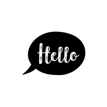 Hello lettering card. White hello word in the black speech bubble