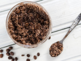 Coffee body scrub with sugar and coconut oil