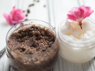 Coffee body scrub with sugar and coconut oil