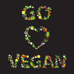 Heart of vegetable pattern with an inscription go vegan