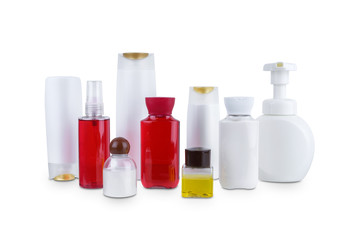 collection of various beauty cosmetic hygiene containers plastic bottle with body moisturising isolated on white background