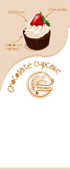 Bakery vertical banner. Design for grocery, bakery, dessert menu, pastry shop, recipe book, cooking manual . With place for text. Chocolate Strawberry Cupcake.
