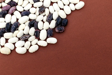 Multicolored soybean close-up on brown background. Place for text.