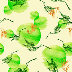 Vintage seamless watercolor pattern of plants, wild grasses, algae, twigs, branch, basil, sprout, plant. watercolor stylish pattern. Abstract paint splash. Trendy background. Abstract grunge texture