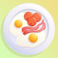 plate with fried eggs bacon and tomato, vector illustration