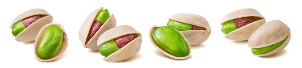 Green pistachio nut set isolated on white background
