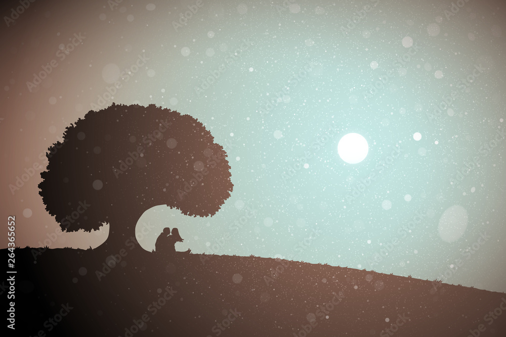 Sticker lovers under tree at sunset. vector conceptual illustration with silhouette of loving couple. pastel