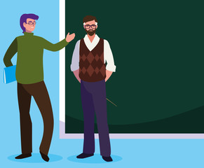 teachers couple with chalkboard characters