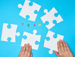 white big puzzles on a blue background,  inscription team, concept of recruitment