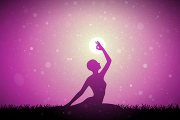 Yoga at sunset. Vector conceptual illustration with silhouette of yoga girl on grass. Pastel background with sun and flying fluff
