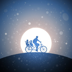 Fototapeta na wymiar Father with children on bicycle at sunset. Vector conceptual illustration with silhouette of family riding bike on hill in park. Pastel background with sun and flying fluff