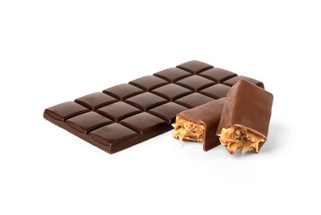Chocolate bar with caramel and peanut and milk chocolate isolated on white background. 