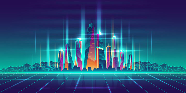 Modern metropolis illuminated neon lights futuristic skyscrapers buildings on digital simulation grid cartoon vector illustration. Future city virtual model, game urban background. Nightlife concept